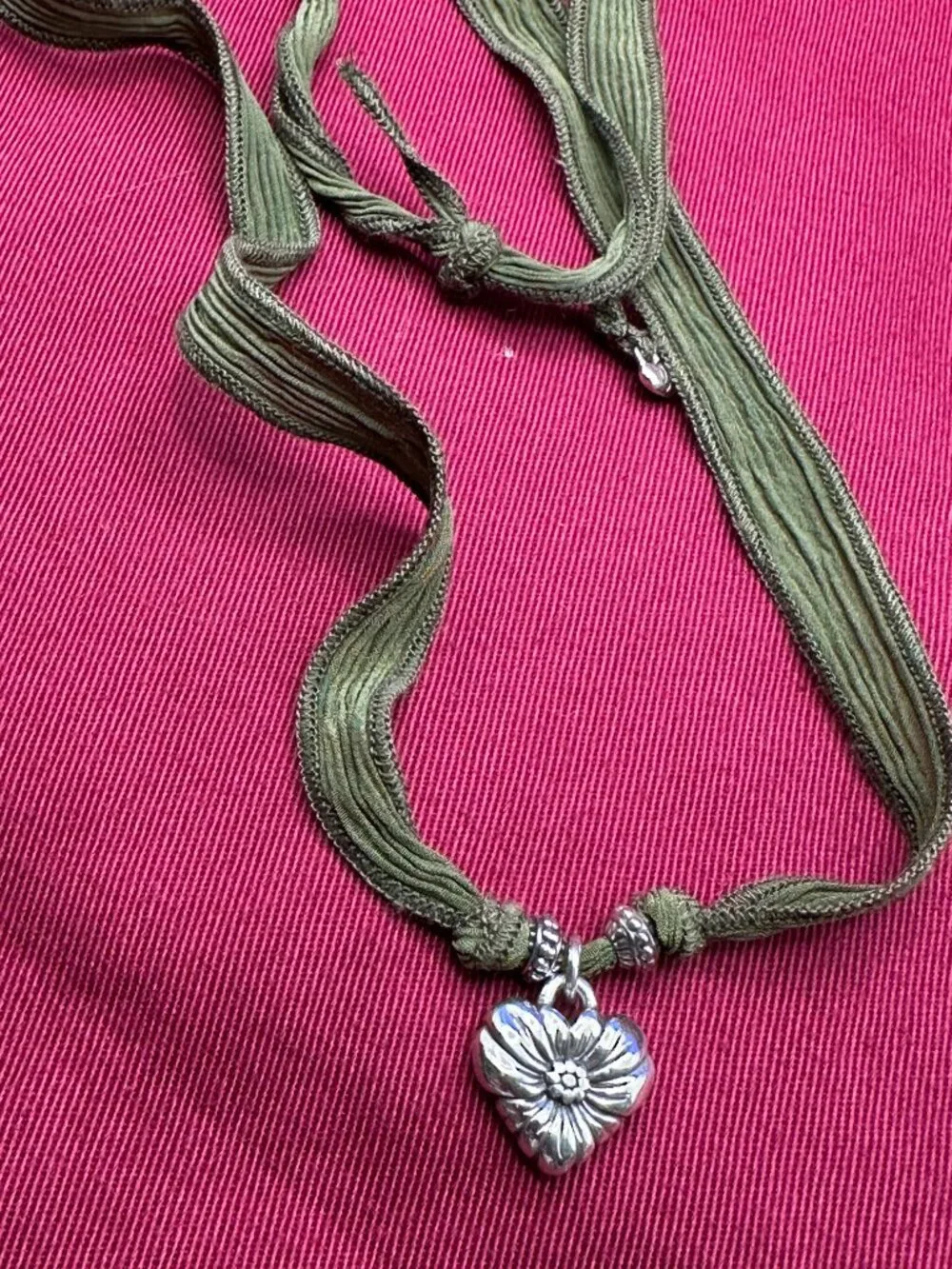 Brighton Silver-Plated Heart Pendant Necklace Fabric Strand